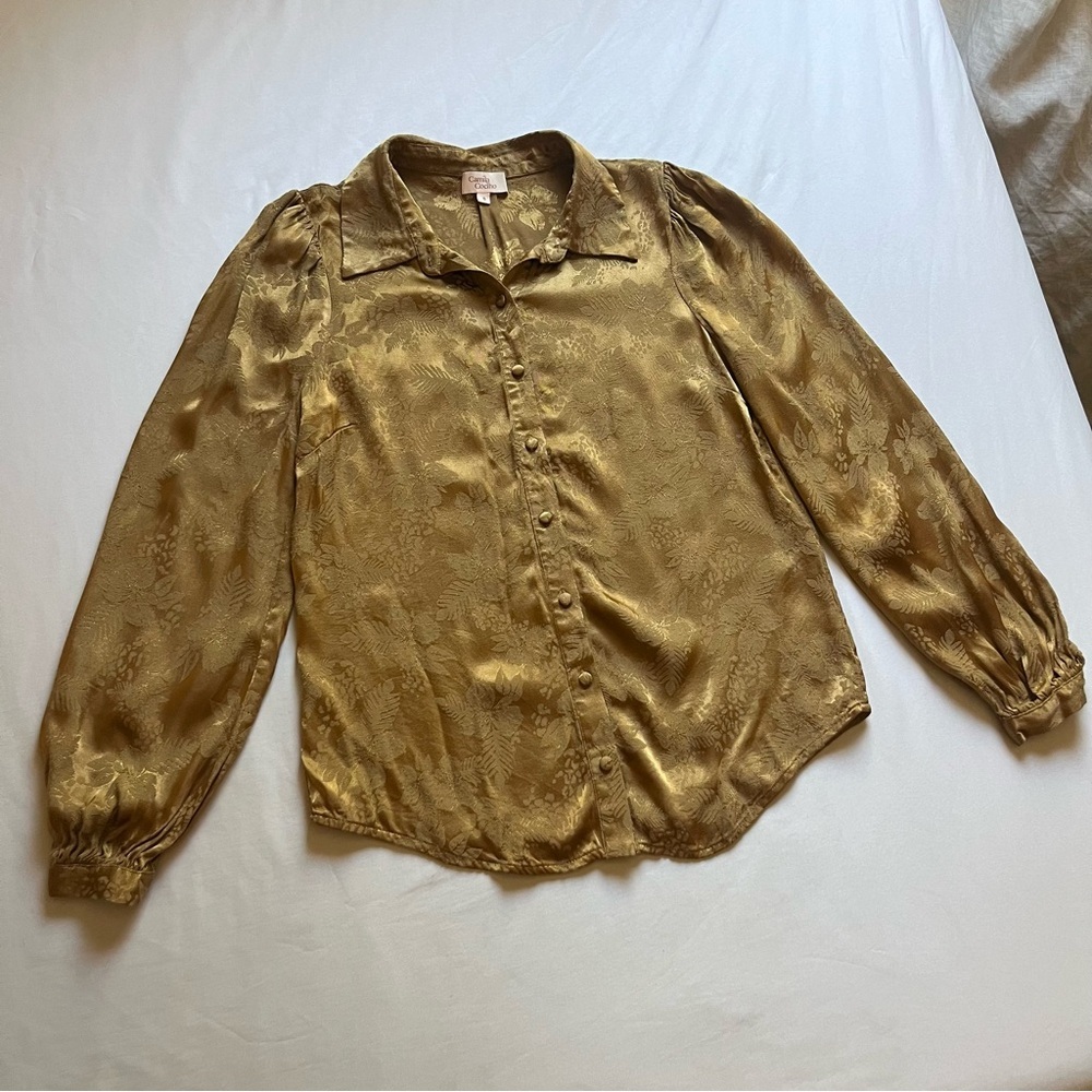 CAMILA COELHO gold satin floral print long puff sleeve button up blouse
